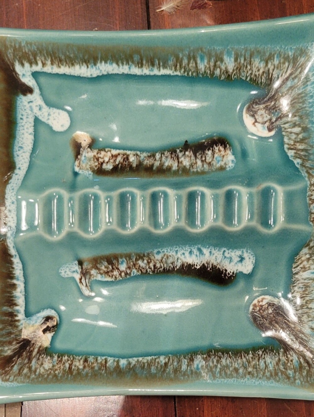 Turquoise Ceramic Ashtray with Brown Drip Glaze